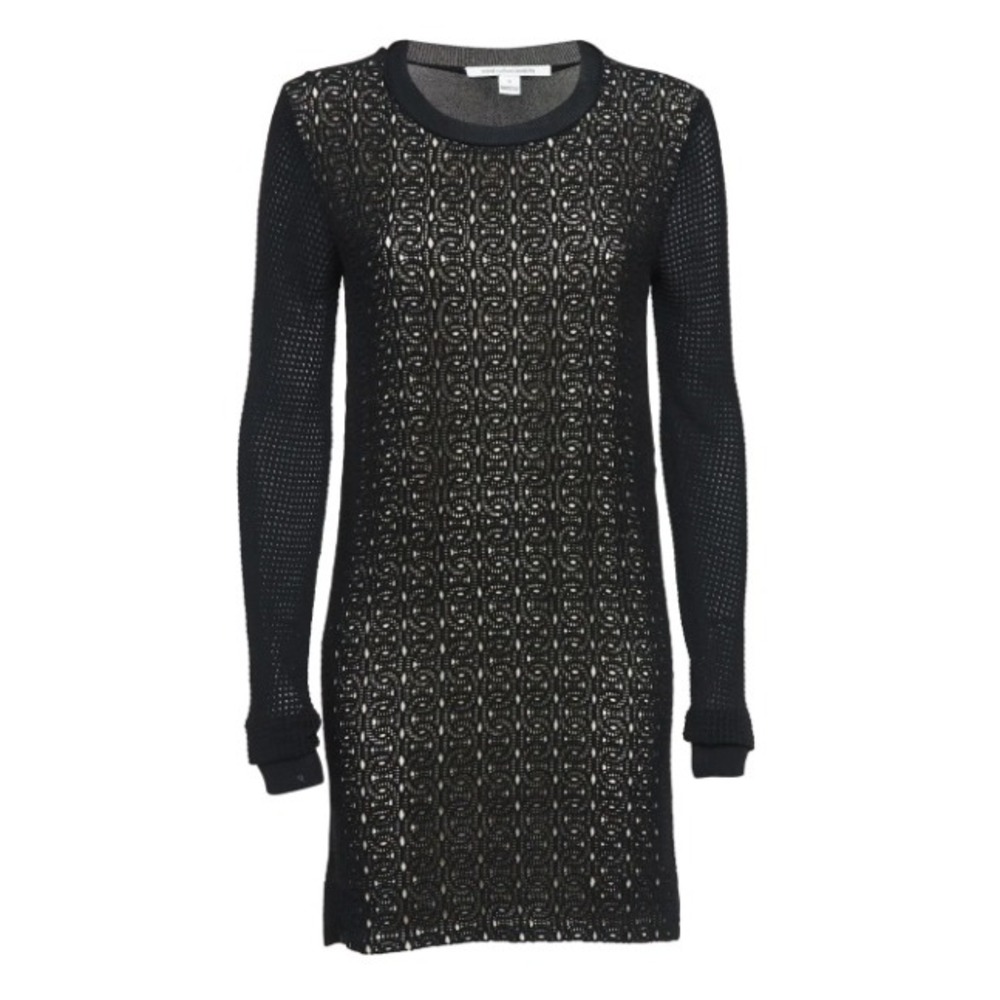 Diane von Furstenberg DVF Dress Crochet Knit Lace Long Sleeve Sheath Mini LBD M